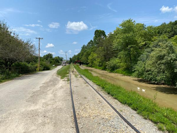 Whitewater Canal and Whitewater Valley Railroad approaching Metamora from the east along Main Street