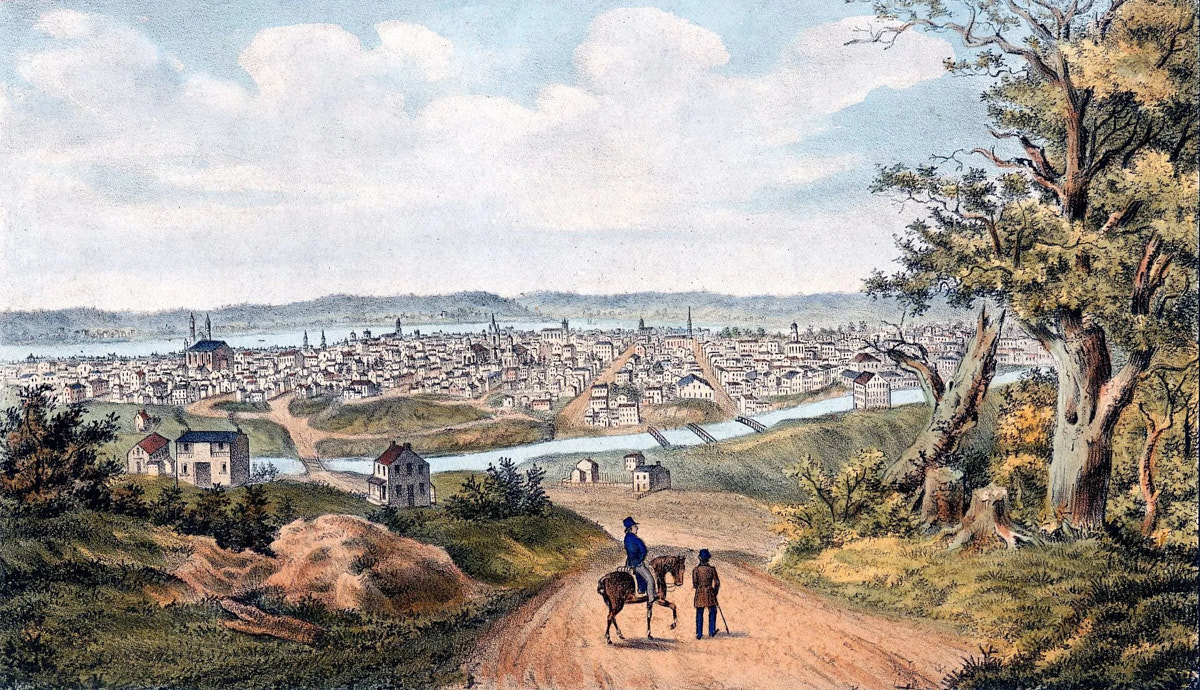 This early painting of downtown Cincinnati as seen from Mt. Adams in 1841 shows the Miami & Erie Canal running down what would later become Eggleston Avenue.