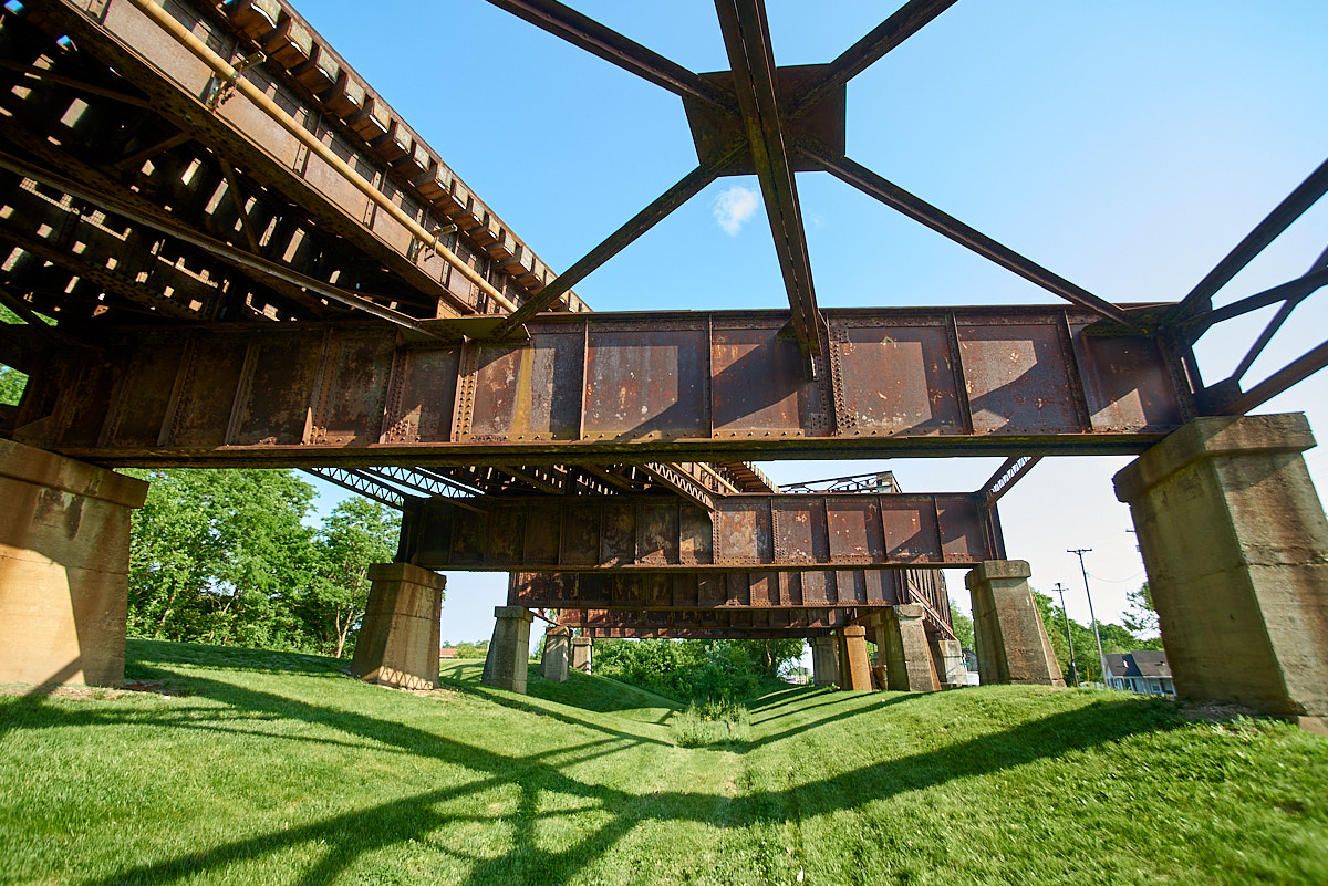 An impressive overpass and viaduct carries the former Big Four Railroad over the Miami & Erie Canal south of Miamisburg.