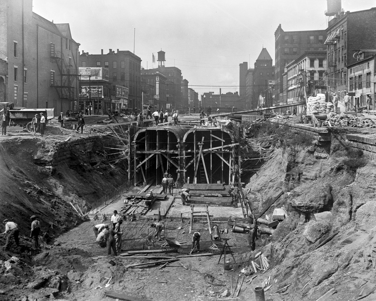 Construction of the subway in the canal bed.  Note the lack of any underground utilities.  Digging was nearly as simple as if in a cornfield.