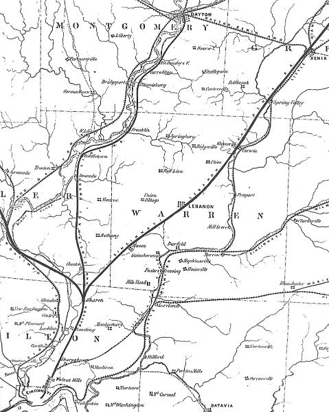 Historic map showing the proposed route of the Dayton & Cincinnati Short Line Railroad and other connecting companies
