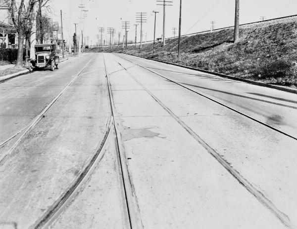 Historic photo of streetcar tracks on Anthony Wayne Avenue in Hartwell