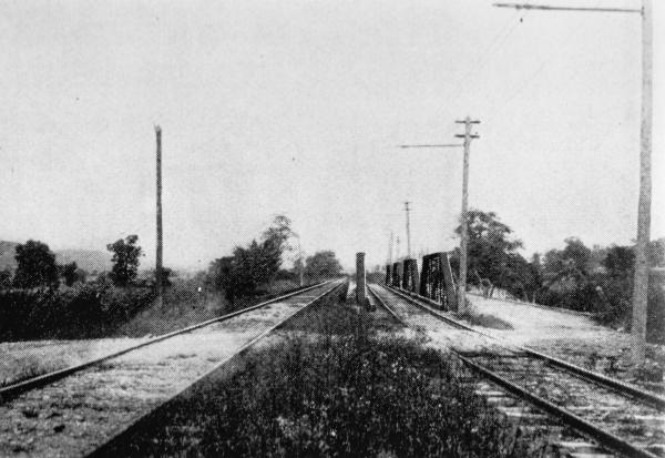 Historic photo of the CL&A Harrison Branch, Big Four Whitewater Division tracks, and Kilby Road crossing Dry Fork Creek