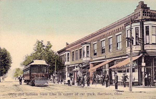 Historic postcard of CL&A car #25 laying over at the end of the line at State Street and Harrison Avenue in Harrison