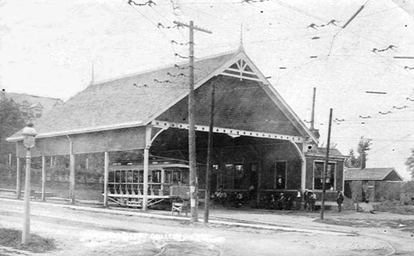 Historic photo of the Cincinnati & Hamilton Electric Street Railway transfer station at Hamilton and North Bend in College Hill