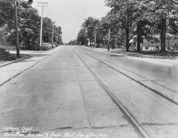 Historic photo of C&LE tracks at Hamilton and Reid Avenues in College Hill after repaving