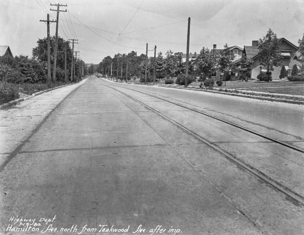 Historic photo of C&LE tracks at Hamilton and Teakwood Avenues in College Hill after repaving
