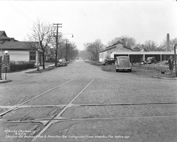 Historic photo of the C&LE freight branch crossing Hamilton Avenue onto Llanfair in College Hill