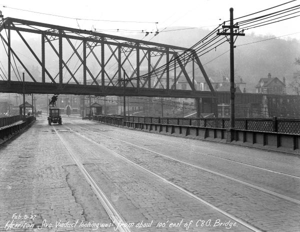 Historic view of the west end of the Harrison Avenue Viaduct in South Fairmount