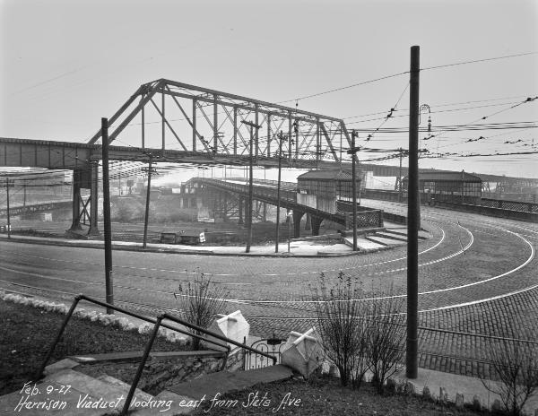 Historic view of the west end of the Harrison Avenue Viaduct and State Avenue in South Fairmount