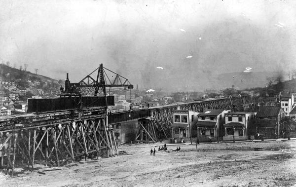 Historic photo of construction of the C&O of Indiana trestle over Grand Avenue in South Fairmount