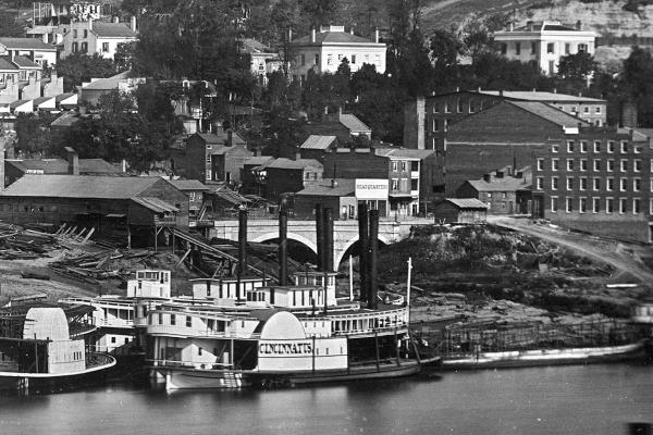 Historic photo of the Cincinnati riverfront where the Miami & Erie Canal entered the Ohio River