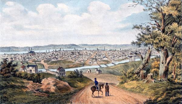 Historical painting of Cincinnati and the Miami & Erie Canal in 1841