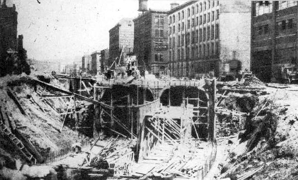 Historic photo of downtown subway construction at the Plum Street bend