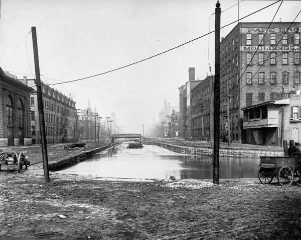 Historic photo of the Plum Street bend of the Miami & Erie Canal