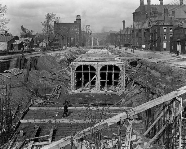 Historic photo of subway construction from the 12th Street bridge