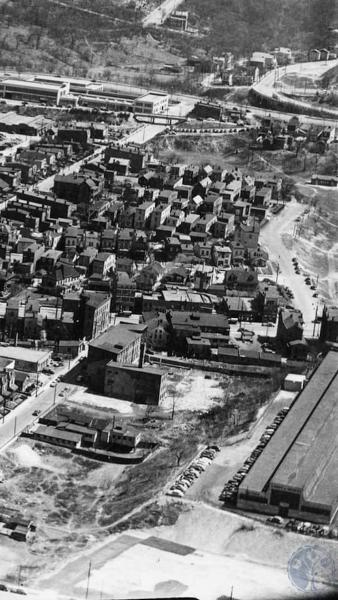 Historic aerial of Camp Washington showing the subway overpass at Bates Avenue in 1932