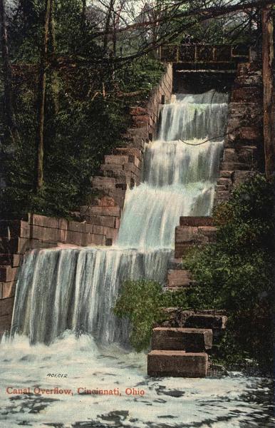 Historic postcard of the Miami & Erie Canal spillway opposite Spring Grove Avenue