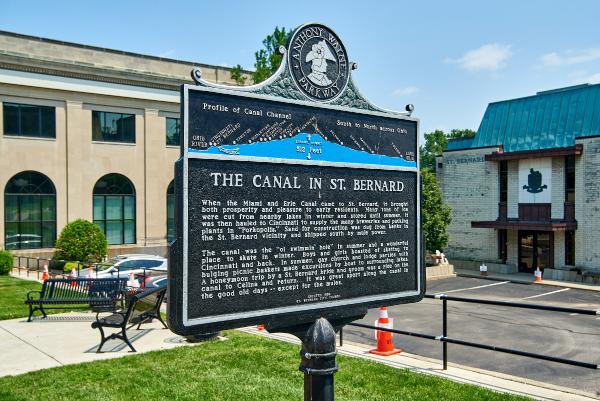 Miami & Erie Canal historical plaque at the St. Bernard municipal building