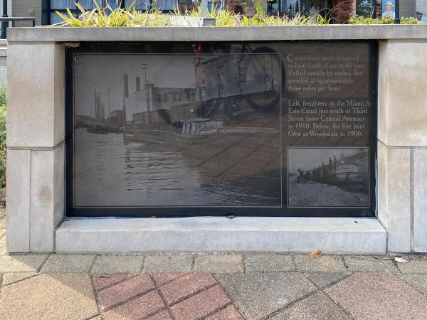 Miami & Erie Canal photo and information board at Central and Verity in Middletown