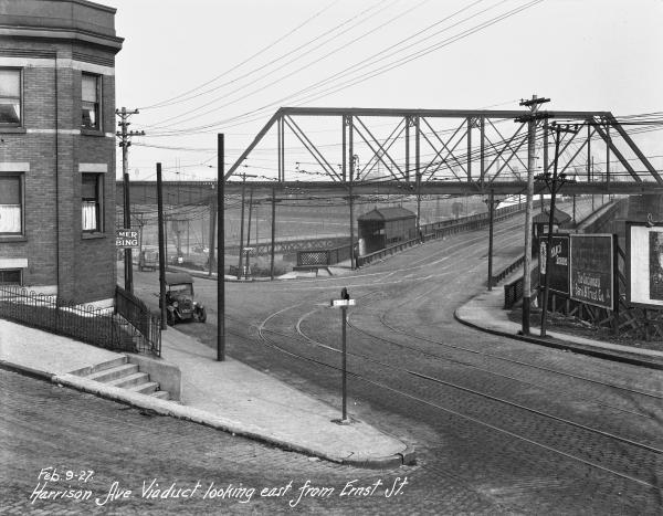 Historic view of the west end of the Harrison Avenue Viaduct and State Avenue from Ernst Street in South Fairmount