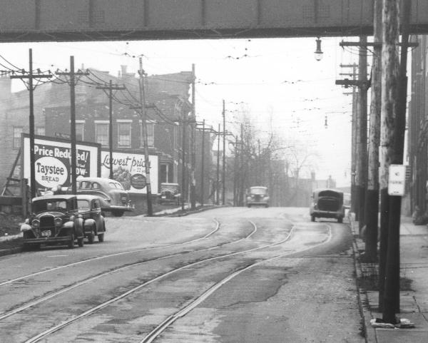 Close-up view of the previous historic photo of State Avenue at Harrison Avenue in South Fairmount