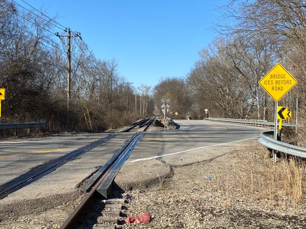 Current photo of the I&O Brookville Subdivision tracks and Kilby Road crossing Dry Fork Creek