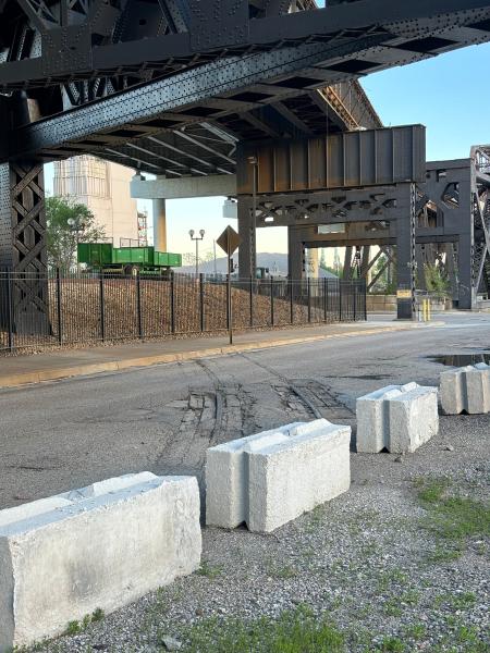Former Big Four track crossing Smith Street to connect with Mehring Way and the long gone Waterfront Belt Line