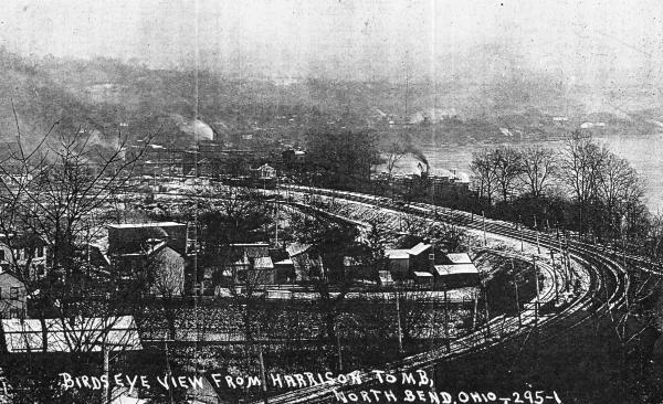 Historic photo of the Big Four turn to the cut in the hill at North Bend, with the CL&A next to it