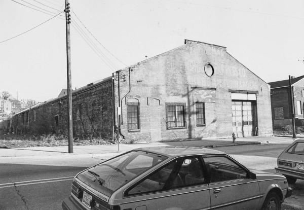Historic photo of the carbarn on Sycamore Street, at the end of Orchard Street in Over-the-Rhine