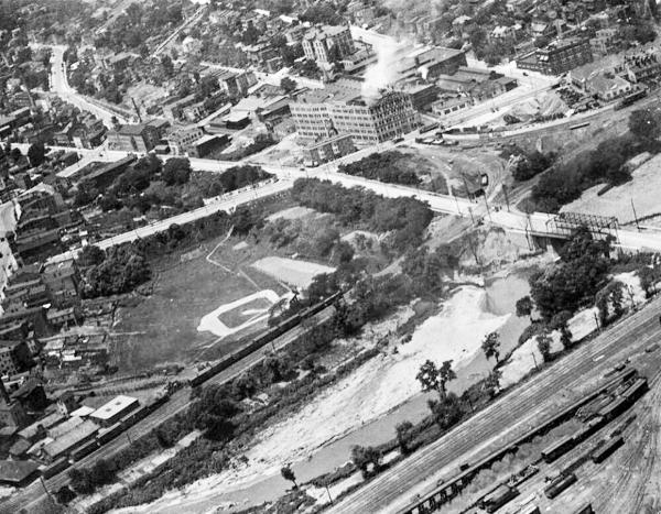 Historic aerial showing the CH&D and Cincinnati & Westwood in South Fairmount