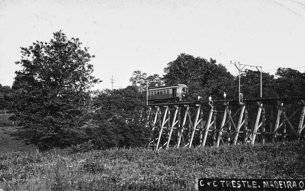 Historic postcard showing the C&C's trestle in what is now Sellman Park in Madeira