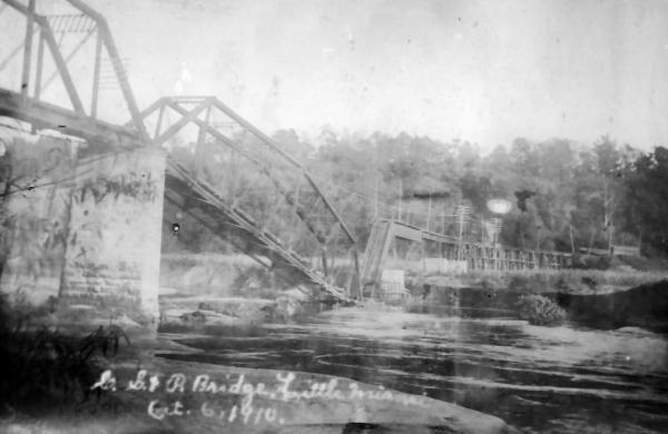 Historic photo of the CG&P bridge over the Little Miami River after collapse