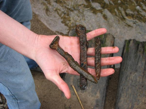 CG&P rail spikes found in Hall Run creek bed in Mt. Carmel