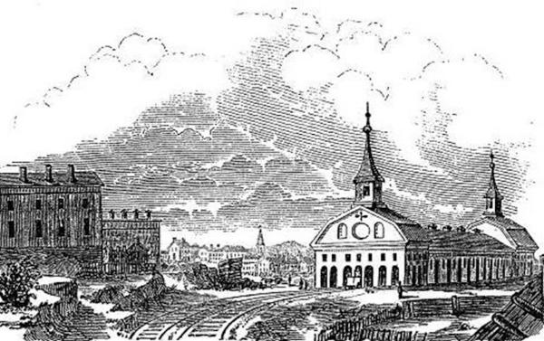 Historic woodcut image of the original CH&D station on Baymiller Street