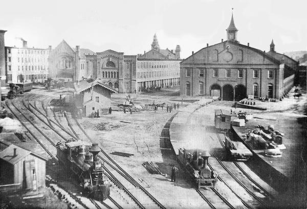 An 1868 view of the CH&D terminal area with original station buildings