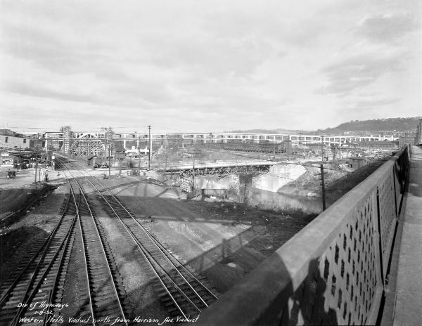 Historic photo of the construction of the Western Hills Viaduct as seen from the Harrison Avenue Viaduct