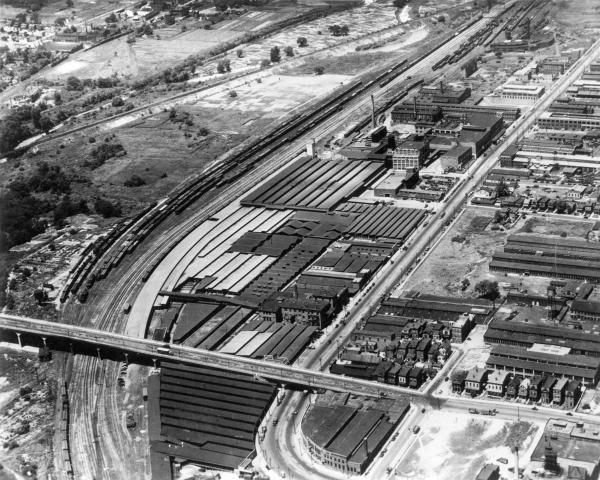 Historic aerial photo of the old stockyards and Kahn's meatpacking plant at Hopple and Spring Grove