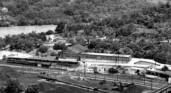 Historic aerial of the CL&A carbarn and power house on River Road