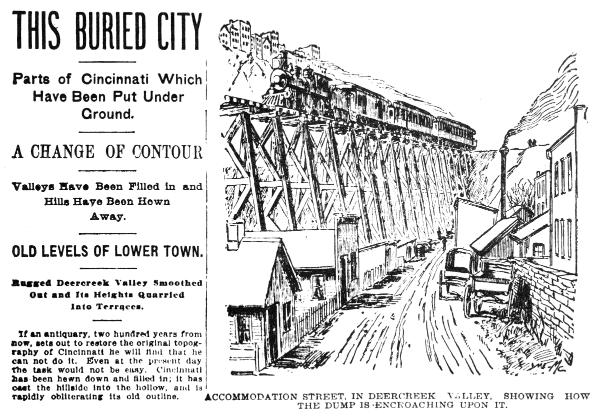 Line drawing of the CL&N trestle above Accommodation Street from the 1898 Commercial Tribune