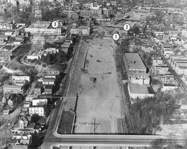Historic aerial photo showing construction of I-71 in 1970