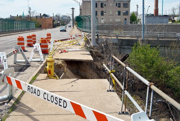 Collapsed sidewalk over the McMillan Street tunnel in Walnut Hills