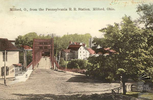 Historic postcard showing the CM&B on the Little Miami River bridge in Milford