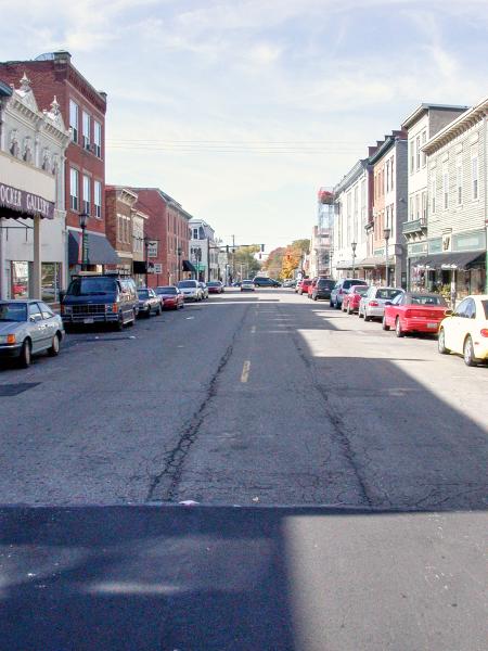 Cracked pavement reveals buried IR&T Rapid Railway tracks on Mulberry Street in downtown Lebanon