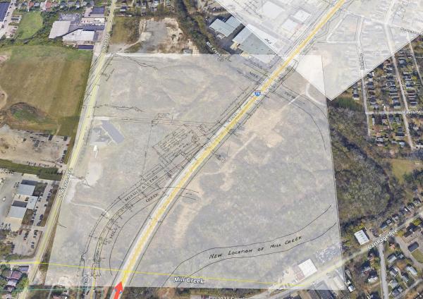 Map overlay showing how the Miami & Erie Canal diverged from I-75 south of Lockland