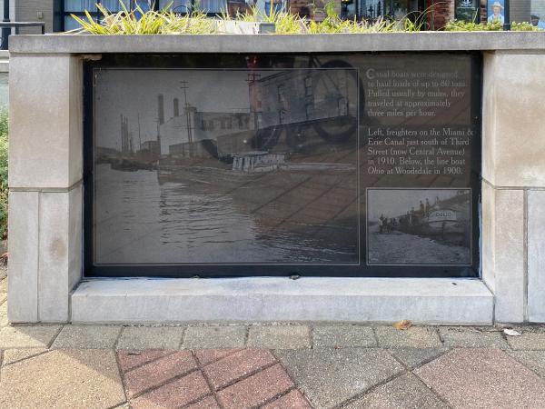 Miami & Erie Canal photo and information board at Central and Verity in Middletown