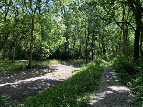 Miami & Erie Canal channel and towpath in Canal Lock Park in Huber Heights