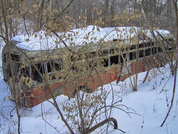 Abandoned trolleybusses in the woods at the edge of Colerain and Green Township