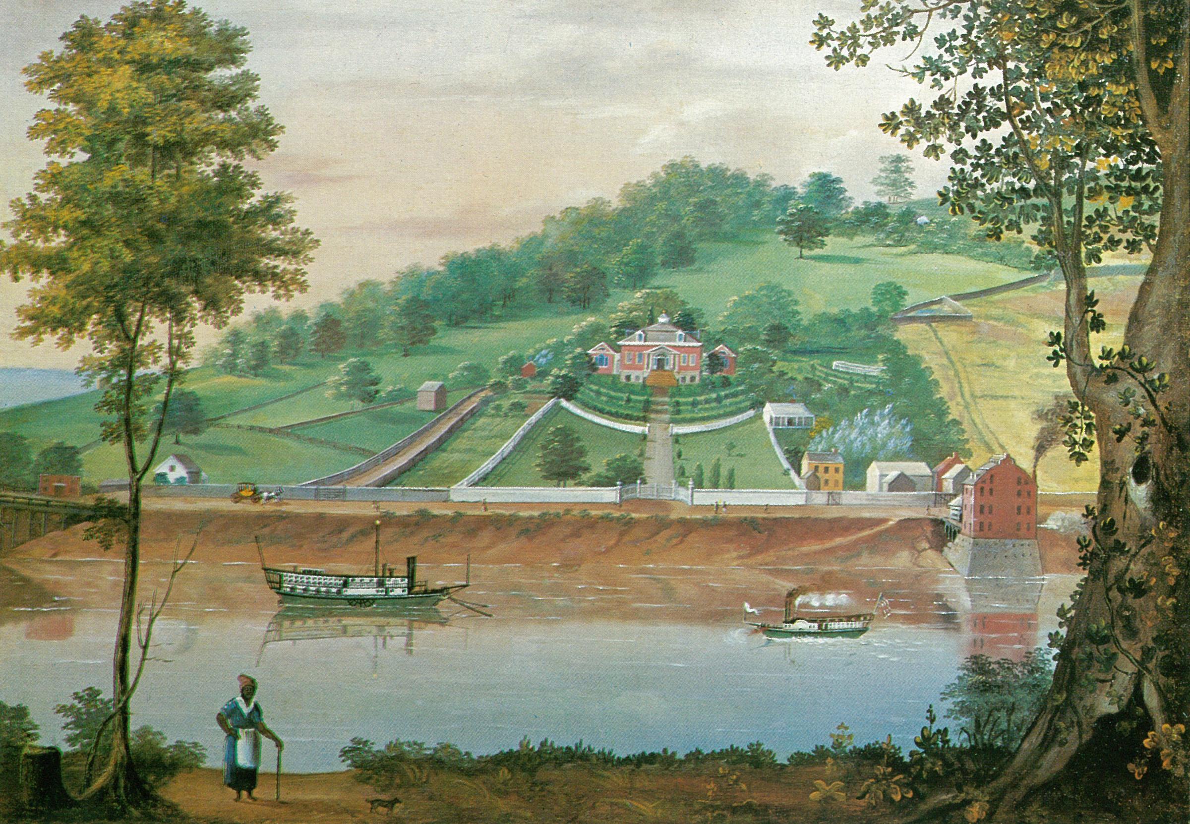 0013_Ohio River Landscape - The Steamboat Washington, an oil painting, circa 1820.