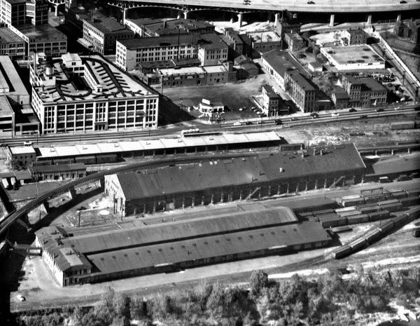 Historic aerial of the Pennsylvania/Little Miami Railroad station location at Pearl and Butler Streets after demolition of the passenger station in 1963